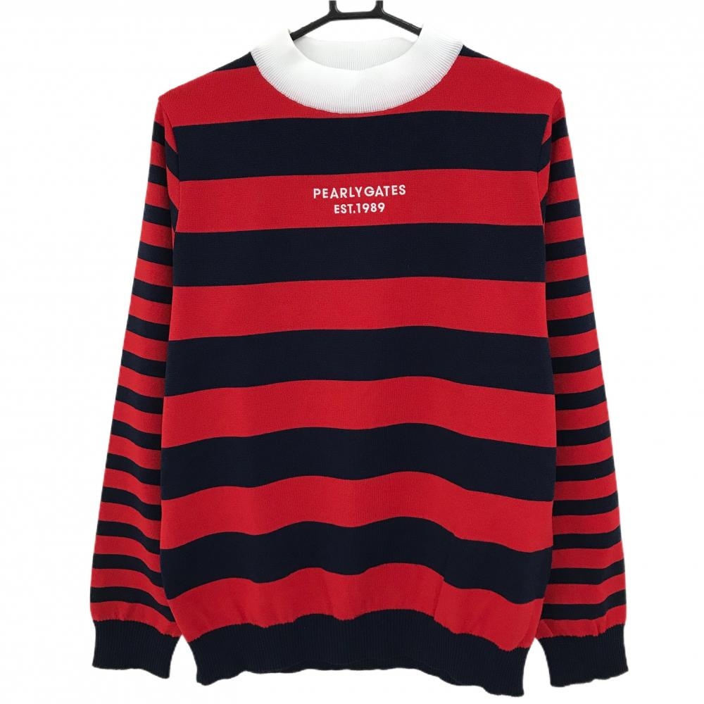 【新品】パーリーゲイツ セーター レッド×ネイビー ボーダー ロゴ白 ウール混 ニット メンズ 6(XL) ゴルフウェア PEARLY GATES