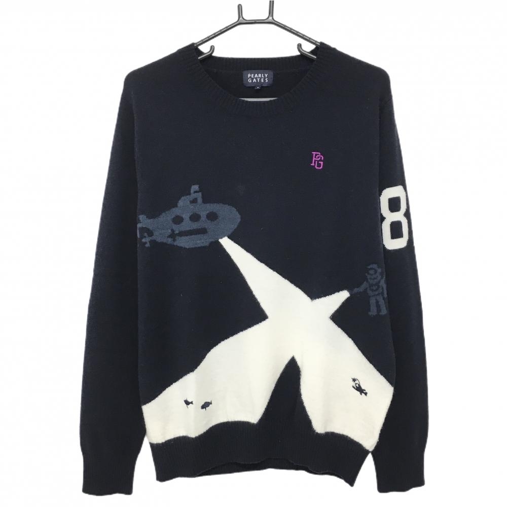 パーリーゲイツ セーター ネイビー×白 潜水艦 ニット ウール100％ メンズ 5(L) ゴルフウェア PEARLY GATES