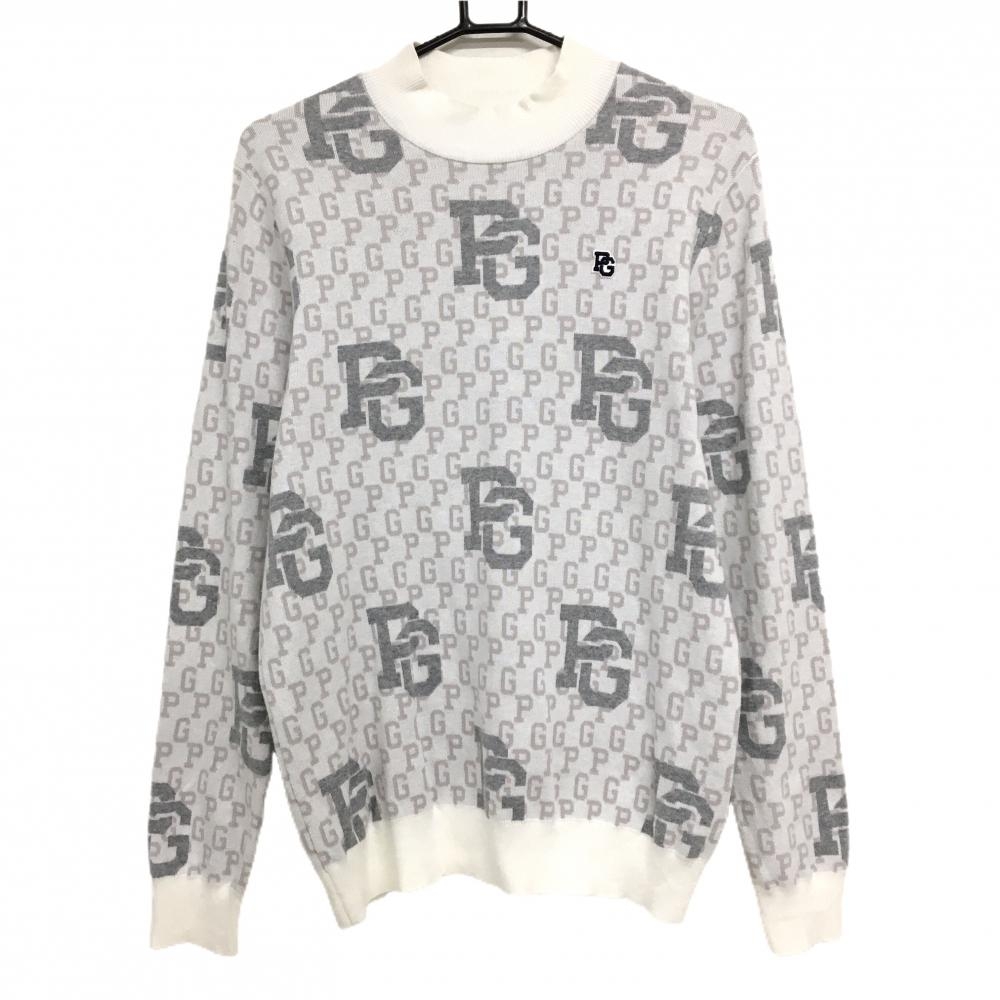 【超美品】パーリーゲイツ ハイネックセーター 白×グレー 英字総柄 ニット  メンズ 5(L) ゴルフウェア 2024年モデル PEARLY GATES