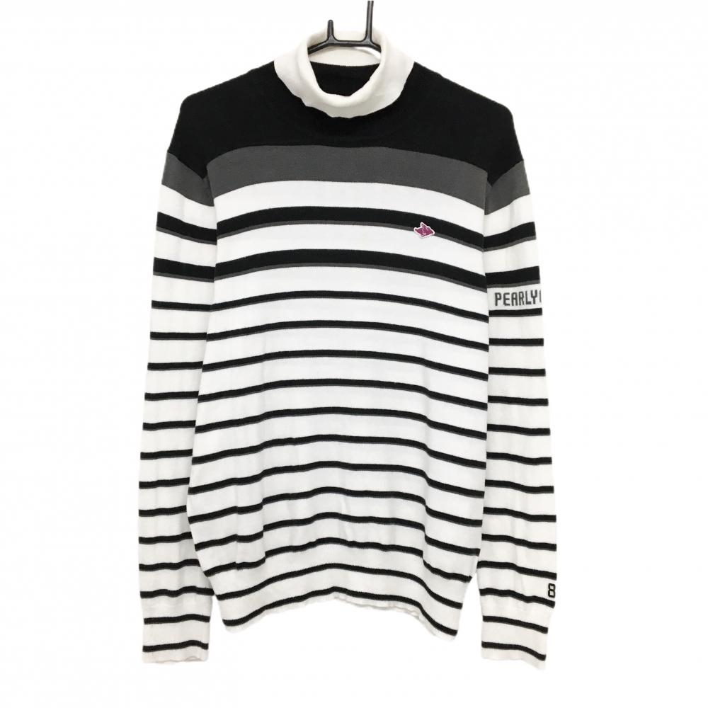 パーリーゲイツ タートルネックセーター 白×黒×グレー ボーダー ニット コットン混 ハイネック メンズ 5(L) ゴルフウェア PEARLY GATES