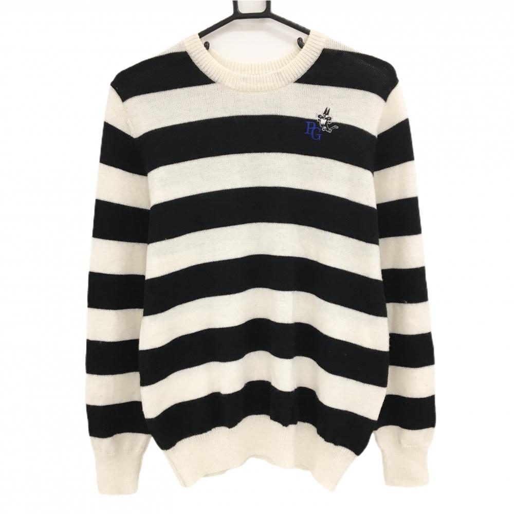 パーリーゲイツ セーター 白×ネイビー ボーダー ニャロメ柄 ウール混 メンズ 5(L) ゴルフウェア PEARLY GATES