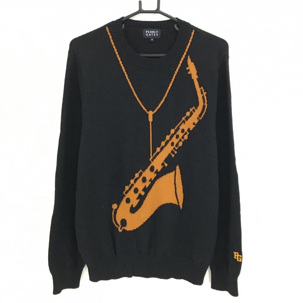 【美品】パーリーゲイツ セーター 黒×ブラウン 前面サックス柄 ウール100%  メンズ 5(L) ゴルフウェア PEARLY GATES