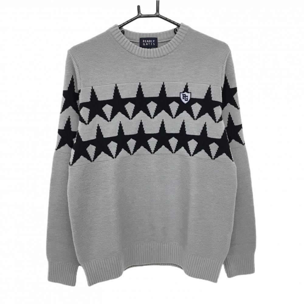 【新品】パーリーゲイツ セーター グレー×ネイビー 胸元星柄 ウール混 ニット メンズ 4(M) ゴルフウェア PEARLY GATES