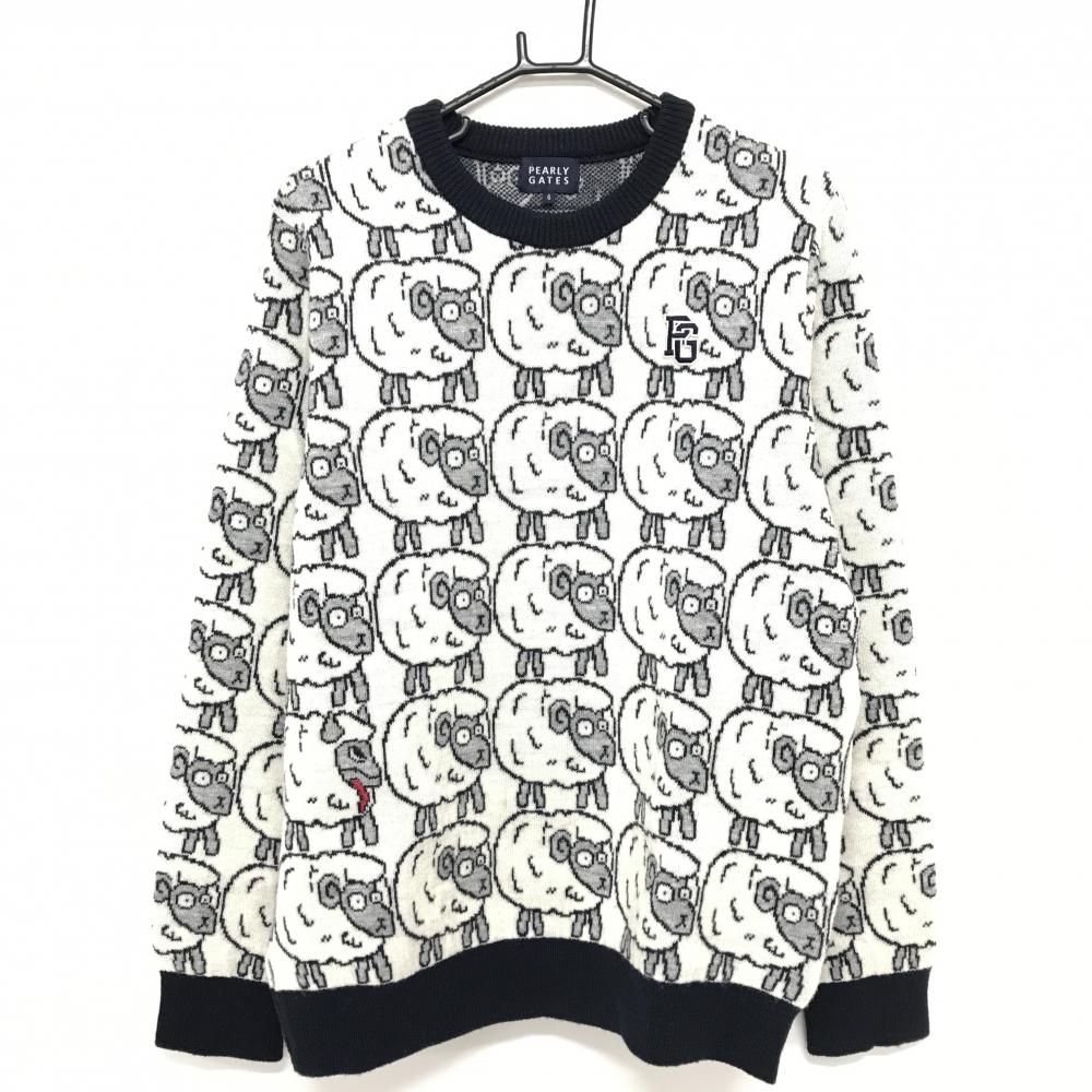 【美品】パーリーゲイツ セーター 白×ネイビー ひつじ総柄 ニット メンズ 6(XL) ゴルフウェア PEARLY GATES