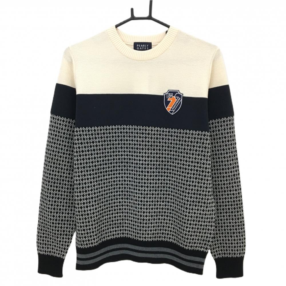 【新品】パーリーゲイツ セーター ネイビー×アイボリー×白系 一部柄 異素材切替 ウール100％ メンズ 4(M) ゴルフウェア PEARLY GATES