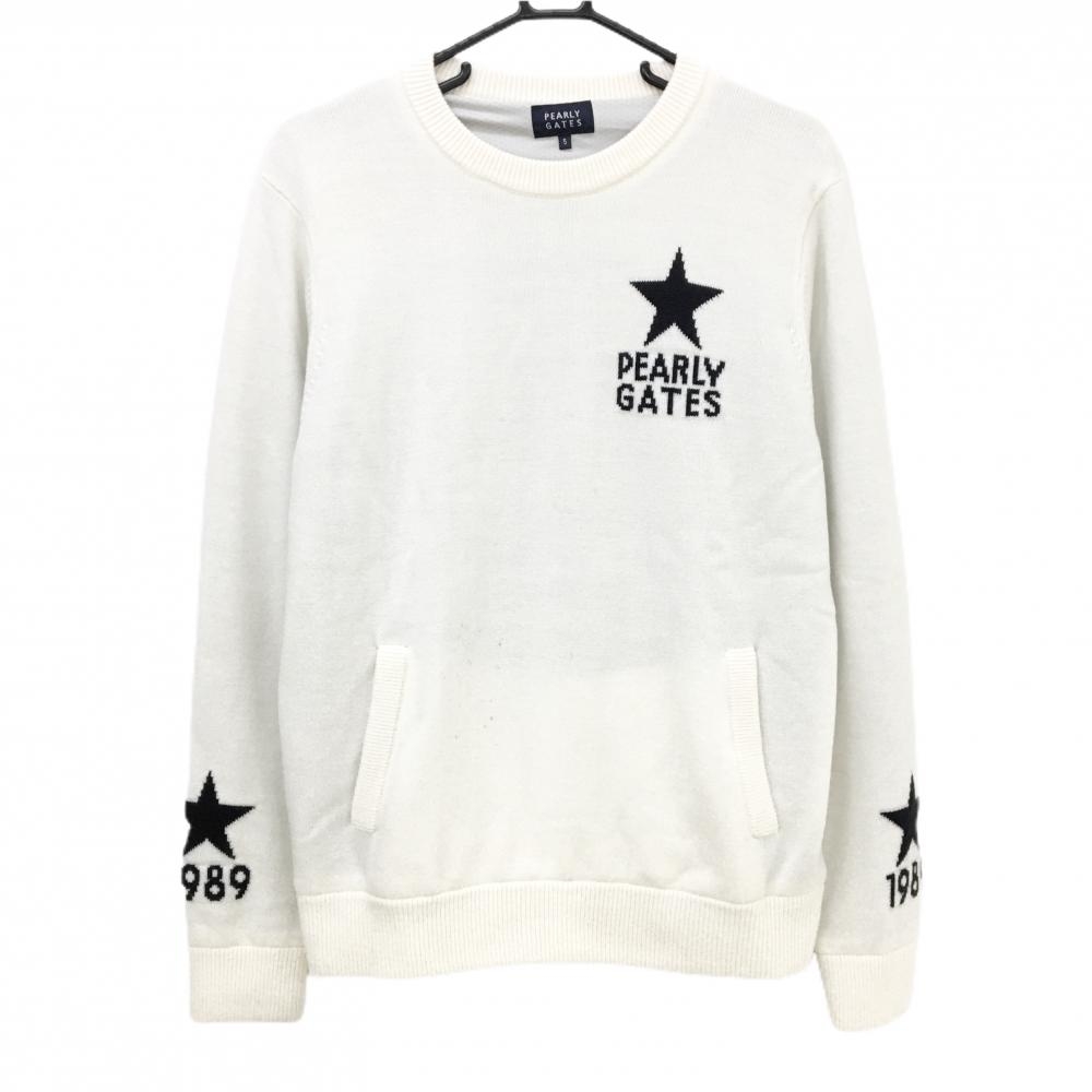 パーリーゲイツ セーター 白×ネイビー 袖口星柄 ウール混 裏地付 ニット  メンズ 5(L) ゴルフウェア PEARLY GATES