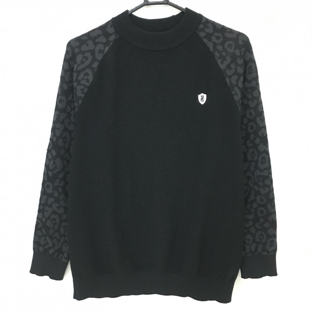 【美品】パーリーゲイツ セーター 黒 袖レオパード柄 ウール混 ニット メンズ 5(L) ゴルフウェア PEARLY GATES