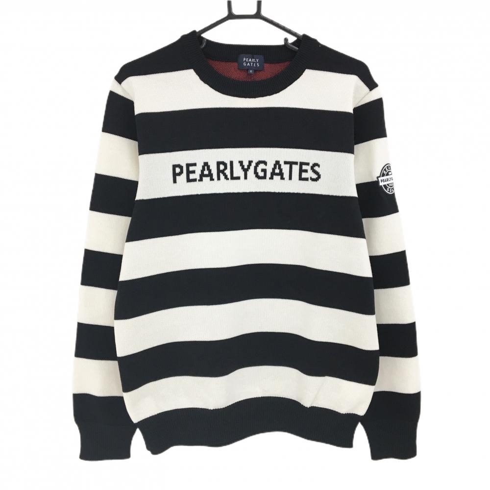 【新品】パーリーゲイツ セーター 白×黒系×レッド 前ボーダー 後ろチェック ウール混 ニット メンズ 6(XL) ゴルフウェア PEARLY GATES