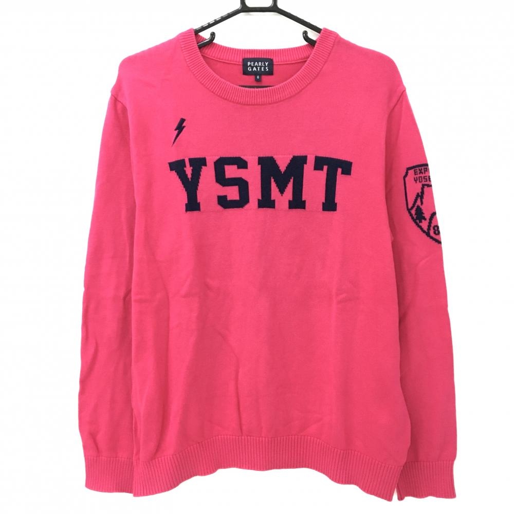 【美品】パーリーゲイツ セーター ピンク×ネイビー フロント英字 コットン100％ ニット  メンズ 6(XL) ゴルフウェア PEARLY GATES