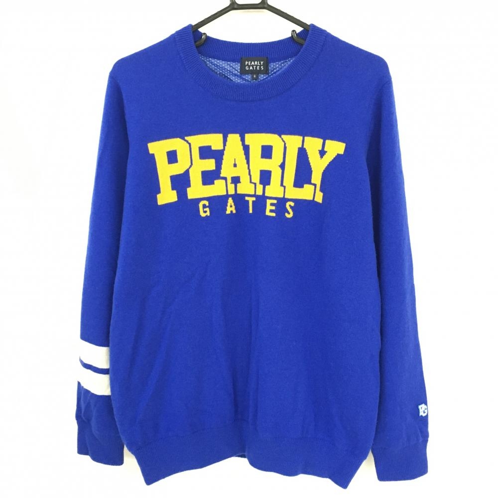【美品】パーリーゲイツ セーター ブルー×オレンジイエロー カシミヤ100％ ニット 裏地付 メンズ 6(XL) ゴルフウェア 2024年モデル PEARLY GATES
