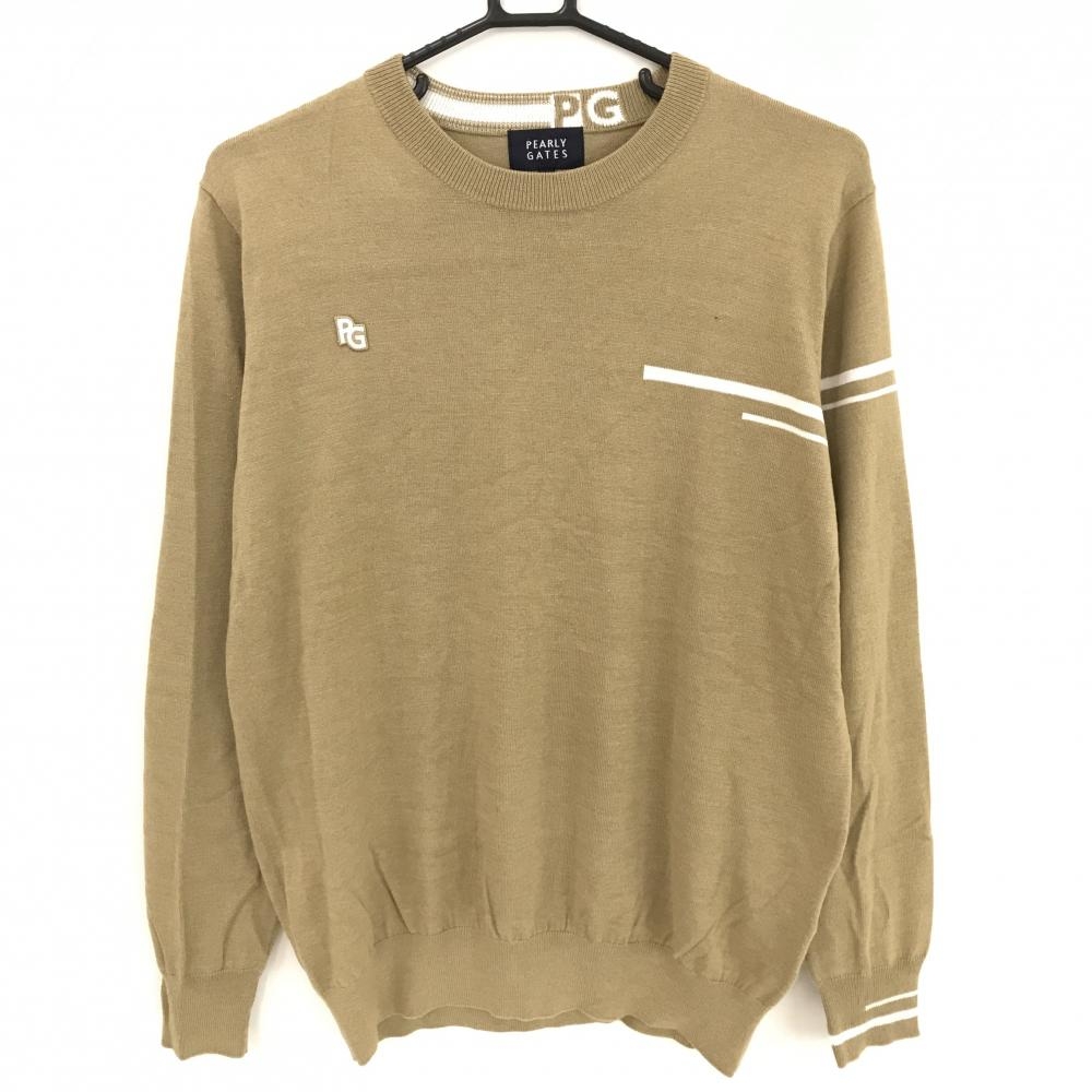 【超美品】パーリーゲイツ セーター ベージュ×白 袖ライン ウール混 ニット メンズ 4(M) ゴルフウェア 2024年モデル PEARLY GATES