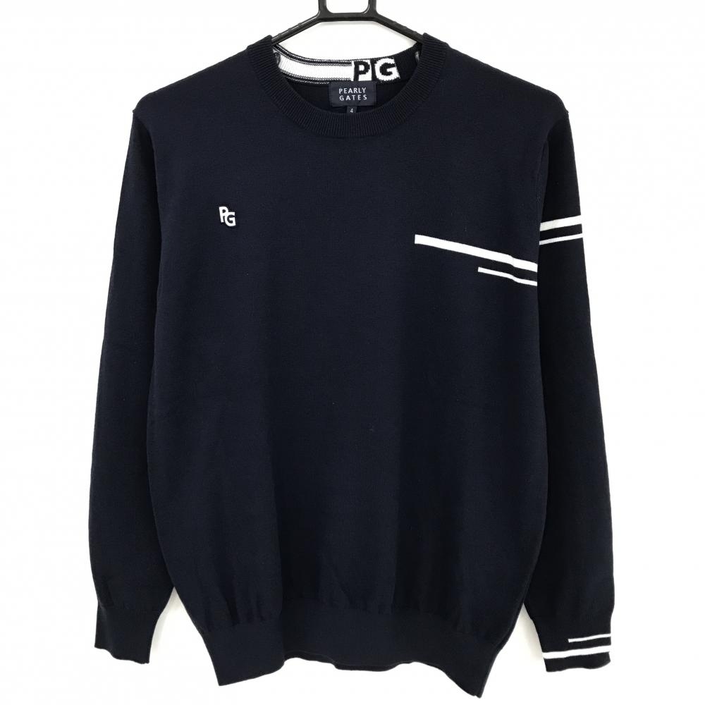 【超美品】パーリーゲイツ セーター ネイビー×白 袖ライン ウール混 ニット メンズ 4(M) ゴルフウェア 2024年モデル PEARLY GATES
