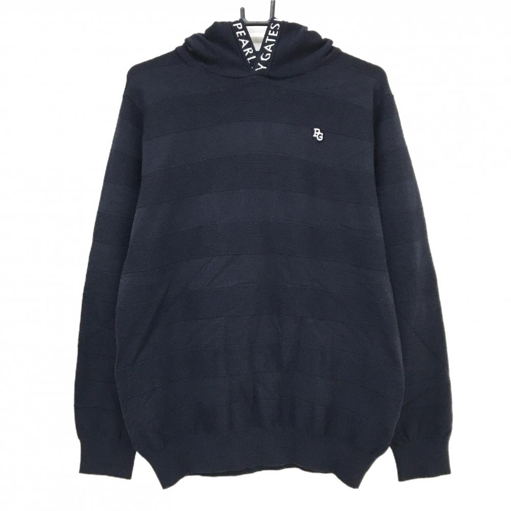 【超美品】パーリーゲイツ フード付セーター ネイビー 太ボーダー編み ウール混 ニット メンズ 6(XL) ゴルフウェア PEARLY GATES