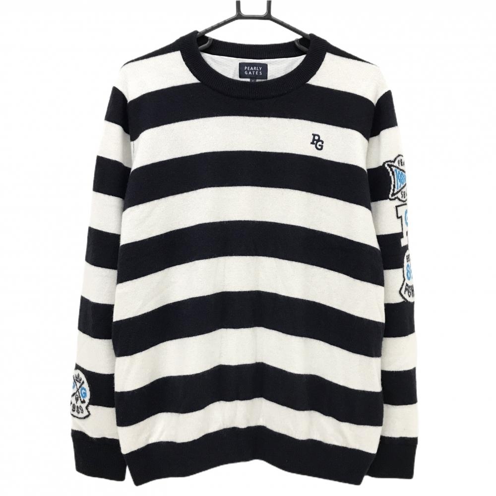 【美品】パーリーゲイツ セーター 白×ダークネイビー 太ボーダー カシミヤ100％ ニット 裏地付 メンズ 6(XL) ゴルフウェア PEARLY GATES
