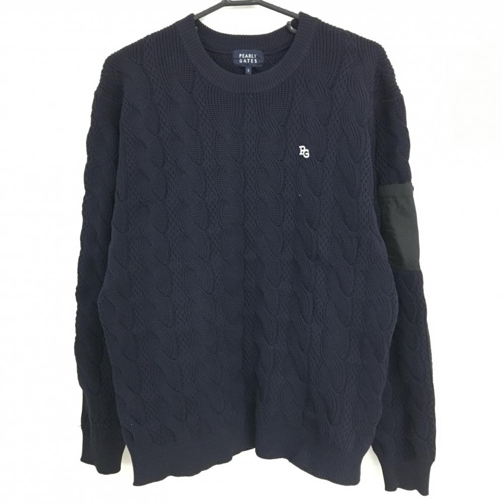 【美品】パーリーゲイツ セーター ネイビー×黒 一部中綿 ケーブル編み ニット メンズ 5(L) ゴルフウェア 2024年モデル PEARLY GATES