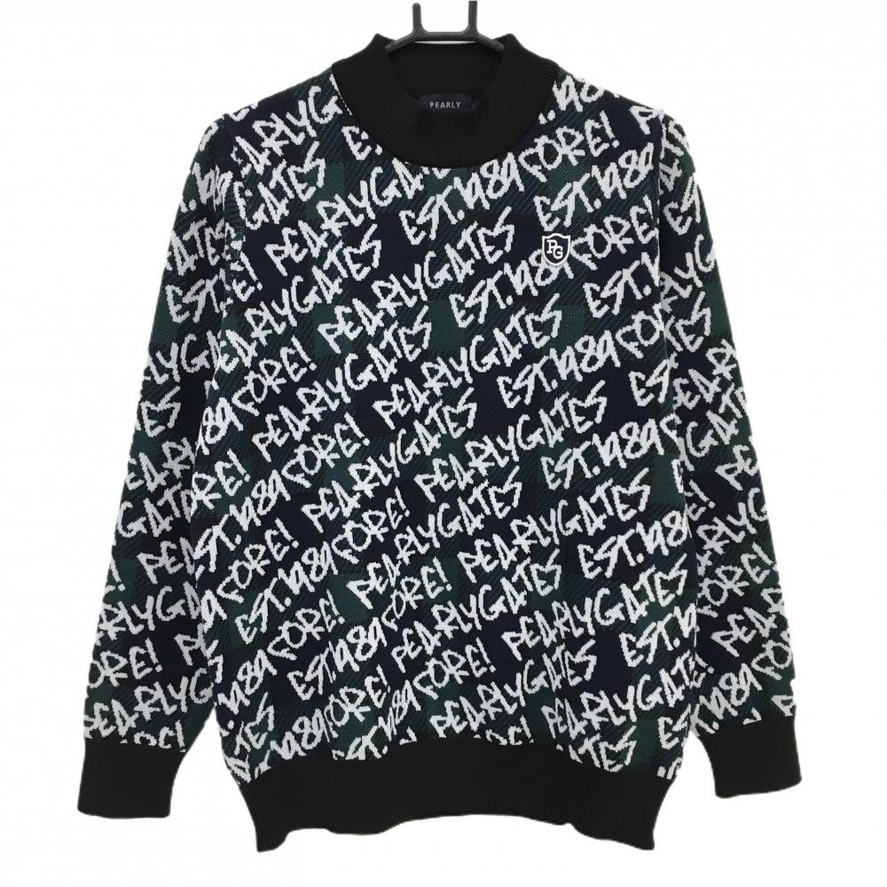 【超美品】パーリーゲイツ ハイネックセーター グリーン×白×黒 ロゴ総柄 チェック メンズ 5(L) ゴルフウェア PEARLY GATES