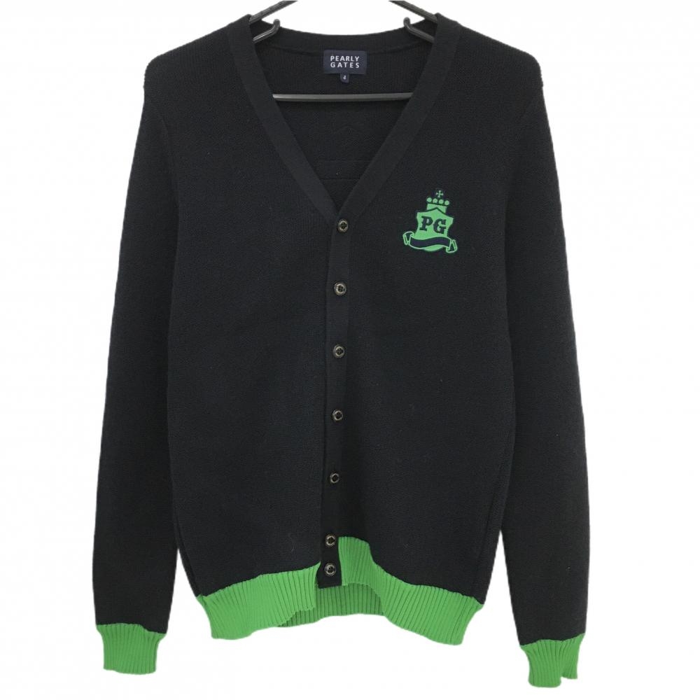 【超美品】パーリーゲイツ ニットカーディガン 黒×グリーン ウール100％ メンズ 4 ゴルフウェア PEARLY GATES