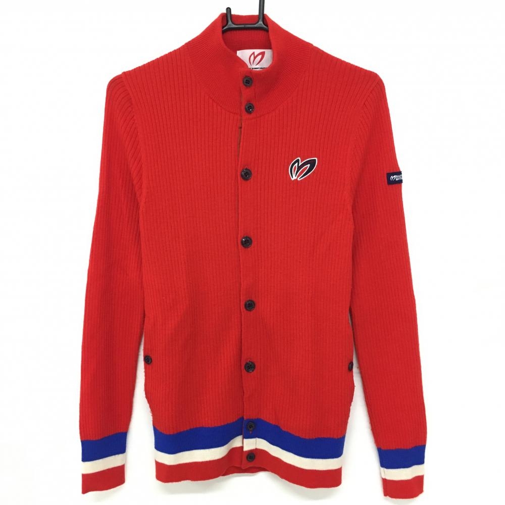 パーリーゲイツ ハイネックカーディガン レッド×ブルー 袖裾ライン ウール100％ 前身頃裏地付 メンズ 5(L) ゴルフウェア PEARLY GATES