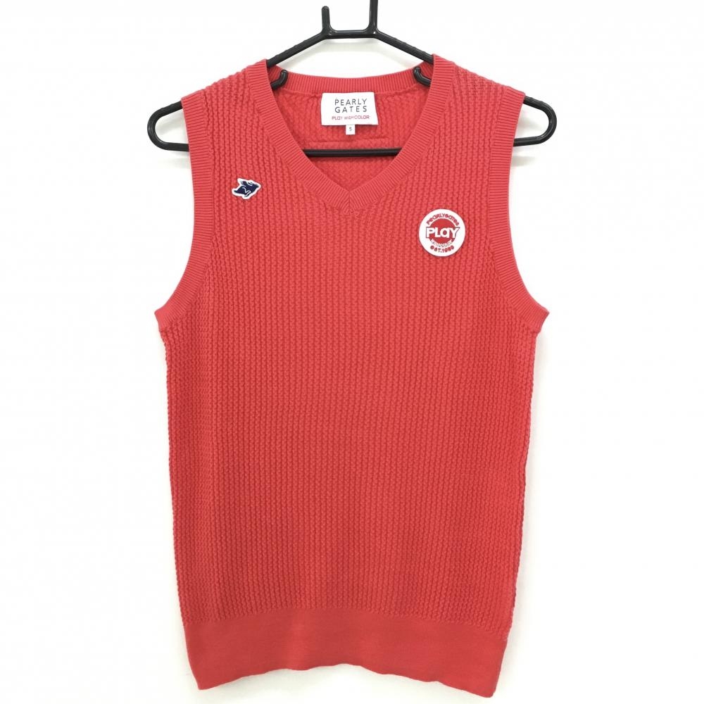 【超美品】パーリーゲイツ ニットベスト レッド コットン100％ ワッペン メンズ 5(L) ゴルフウェア PEARLY GATES