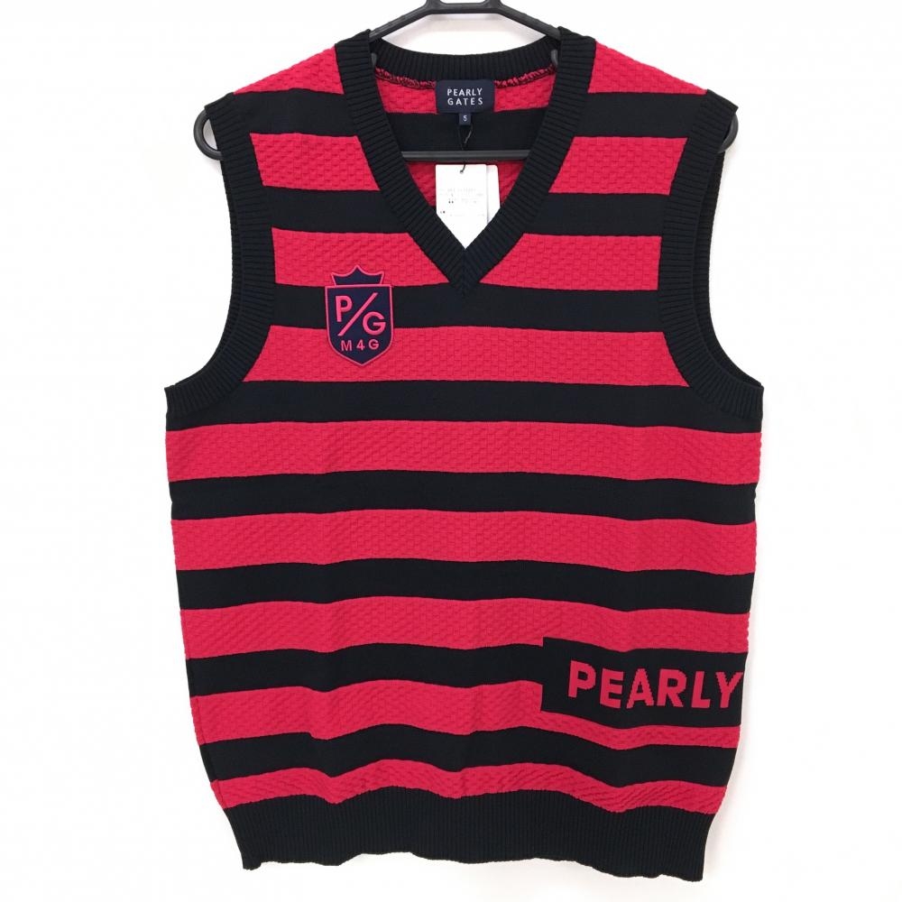 【新品】パーリーゲイツ ニットベスト ピンク×ダークネイビー 太ボーダー ブロックチェック編み メンズ 5(L) ゴルフウェア PEARLY GATES