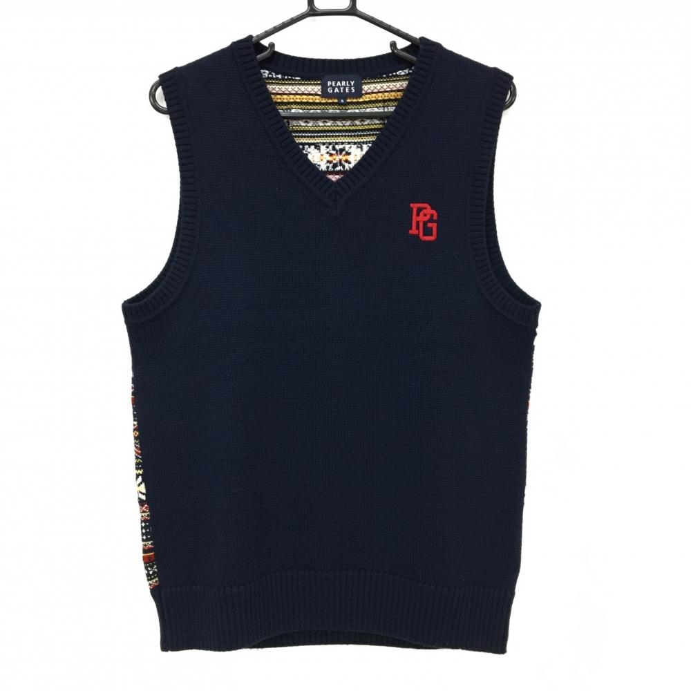 【美品】パーリーゲイツ ニットベスト ネイビー×レッド 背面ノルディック柄 ウール100％ メンズ 5(L) ゴルフウェア PEARLY GATES