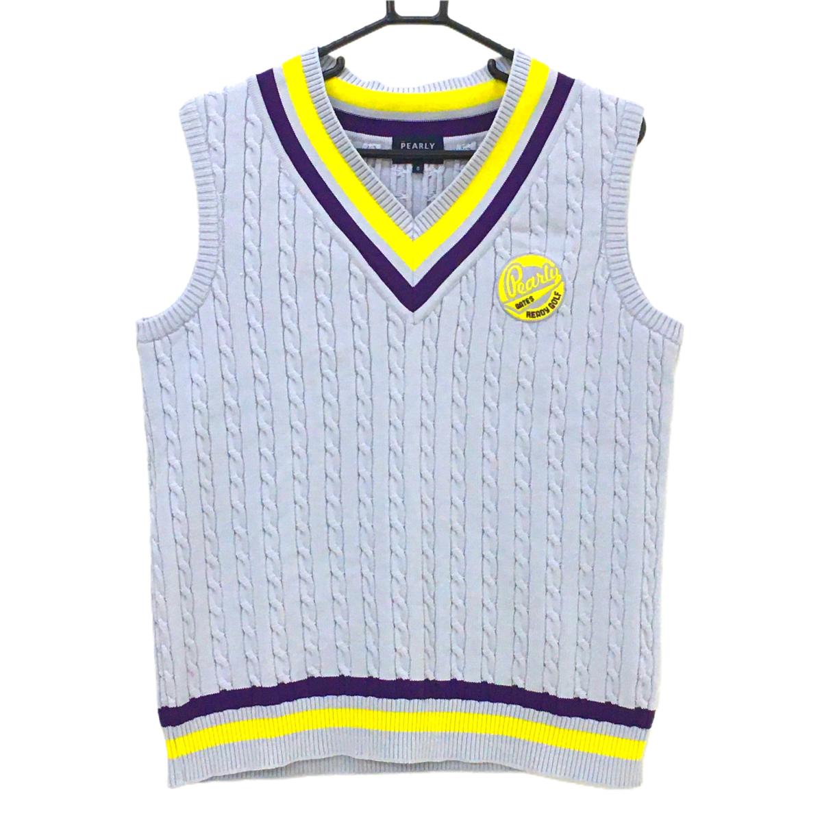 【美品】パーリーゲイツ ニットベスト ライトグレー×イエロー Vネック ケーブル編み  メンズ 5(L) ゴルフウェア PEARLY GATES
