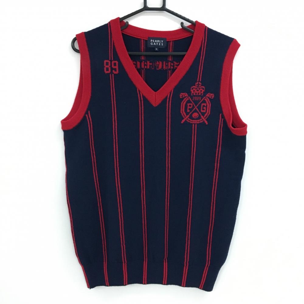 【超美品】パーリーゲイツ ニットベスト ネイビー×レッド ストライプ ウール100％ Vネック メンズ 5(L) ゴルフウェア PEARLY GATES
