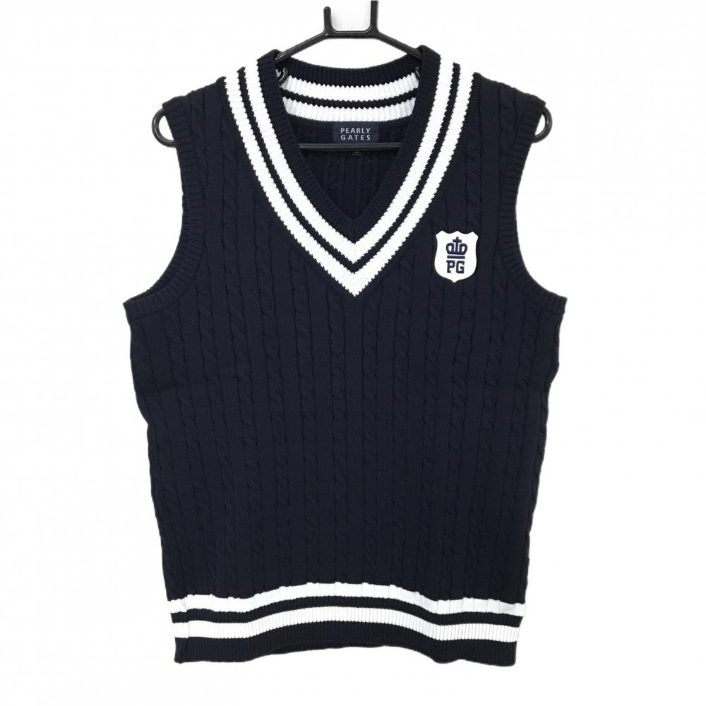 【超美品】パーリーゲイツ ニットベスト ネイビー×白 Vネック ケーブル編み メンズ 5(L) ゴルフウェア PEARLY GATES