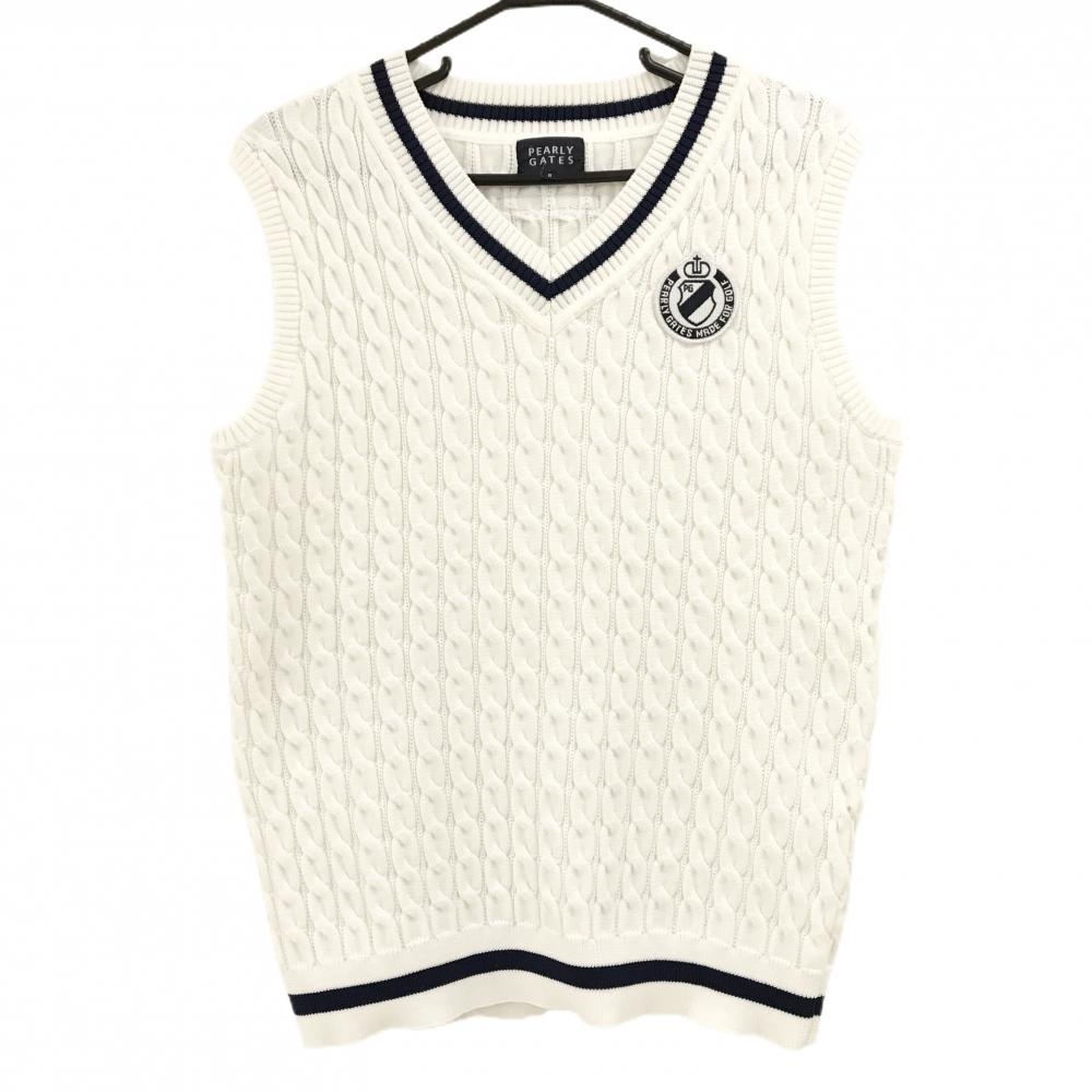 【超美品】パーリーゲイツ ニットベスト 白×ネイビー Vネック ケーブル編み　 メンズ 6(XL) ゴルフウェア PEARLY GATES