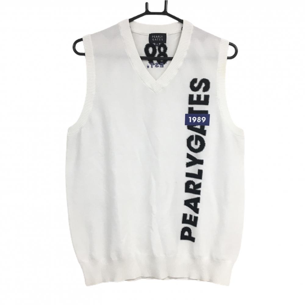 【美品】パーリーゲイツ ニットベスト 白×黒 ビッグロゴ Vネック メンズ 4(M) ゴルフウェア PEARLY GATES