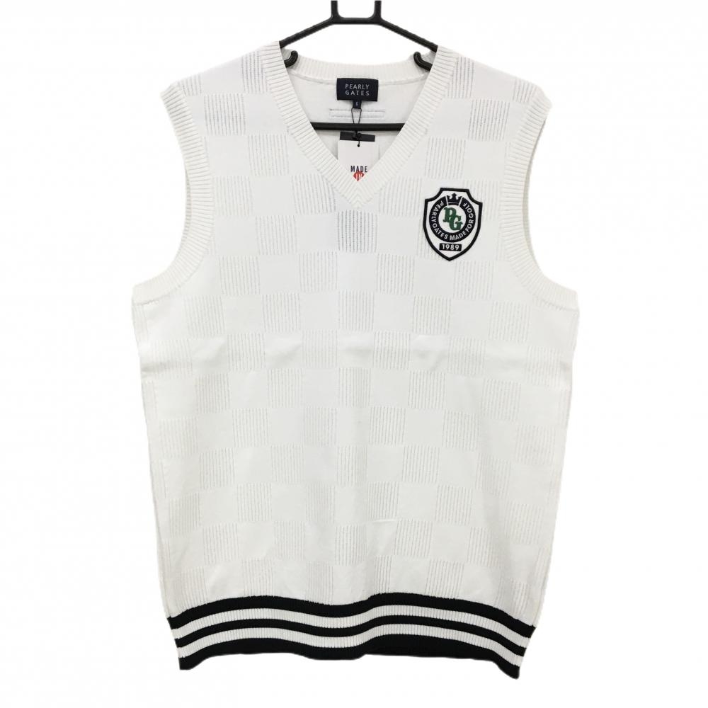 【新品】パーリーゲイツ ニットベスト 白 ブロックチェック風織生地 胸ロゴ Vネック メンズ 6(XL) ゴルフウェア PEARLY GATES