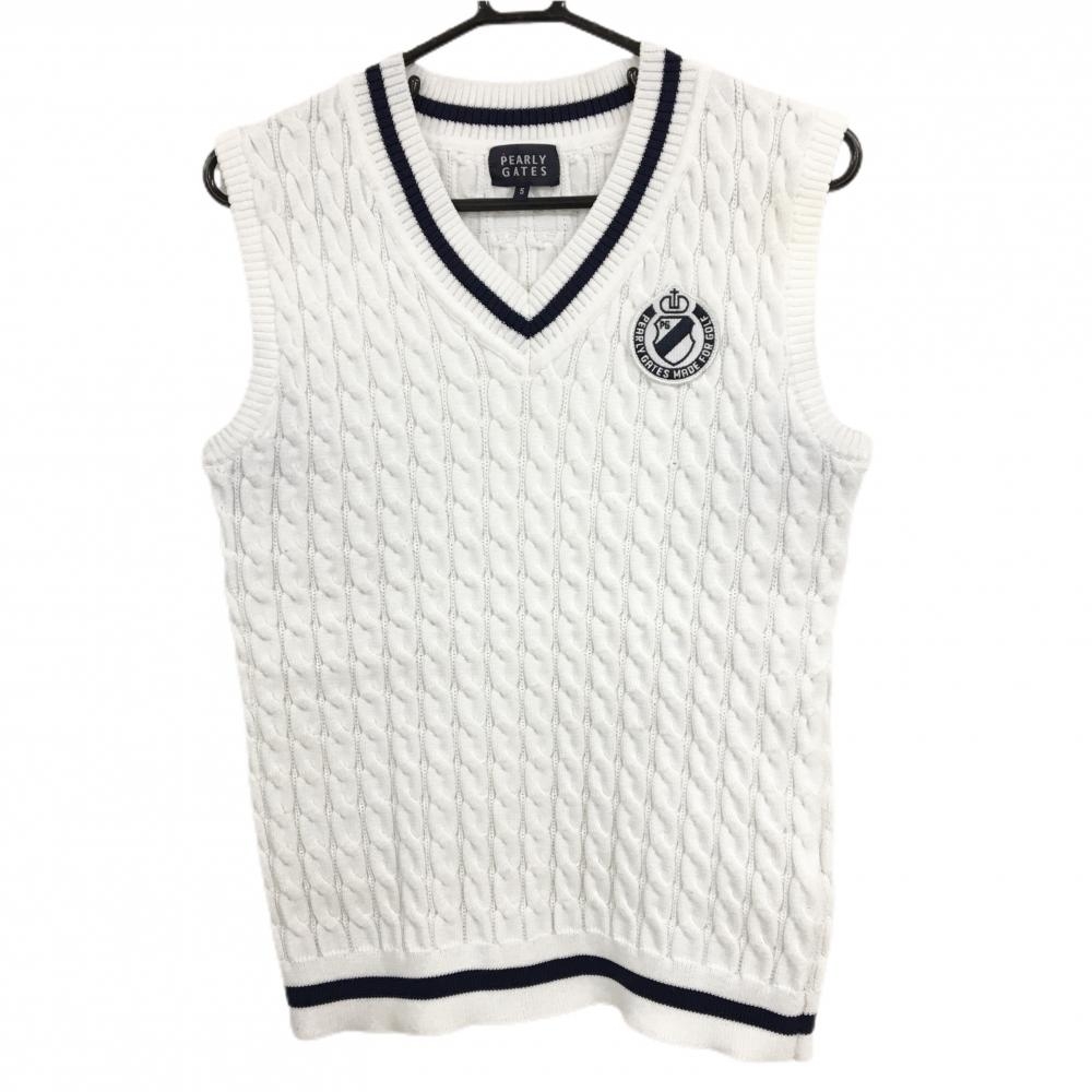 パーリーゲイツ ニットベスト 白×ネイビー ケーブル編み Vネック メンズ 5(L) ゴルフウェア PEARLY GATES