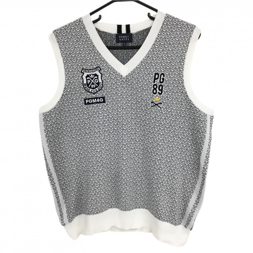 【美品】パーリーゲイツ ニットベスト 白×黒 ニコちゃん総柄 スマイル Vネック メンズ 5(L) ゴルフウェア PEARLY GATES