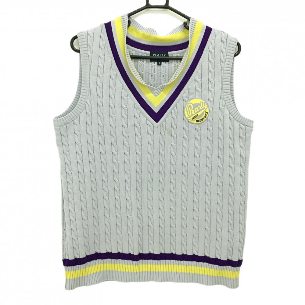 パーリーゲイツ ニットベスト ライトグレー×イエロー×パープル ケーブル編み Vネック メンズ 5(L) ゴルフウェア PEARLY GATES