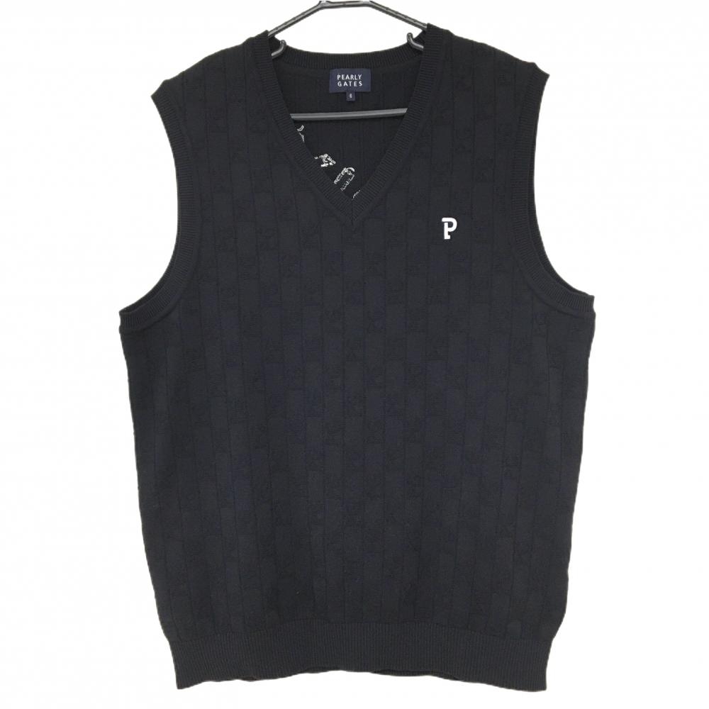 【超美品】パーリーゲイツ ニットベスト ネイビー ロゴ総柄 コットン混 Vネック メンズ 6(XL) ゴルフウェア PEARLY GATES