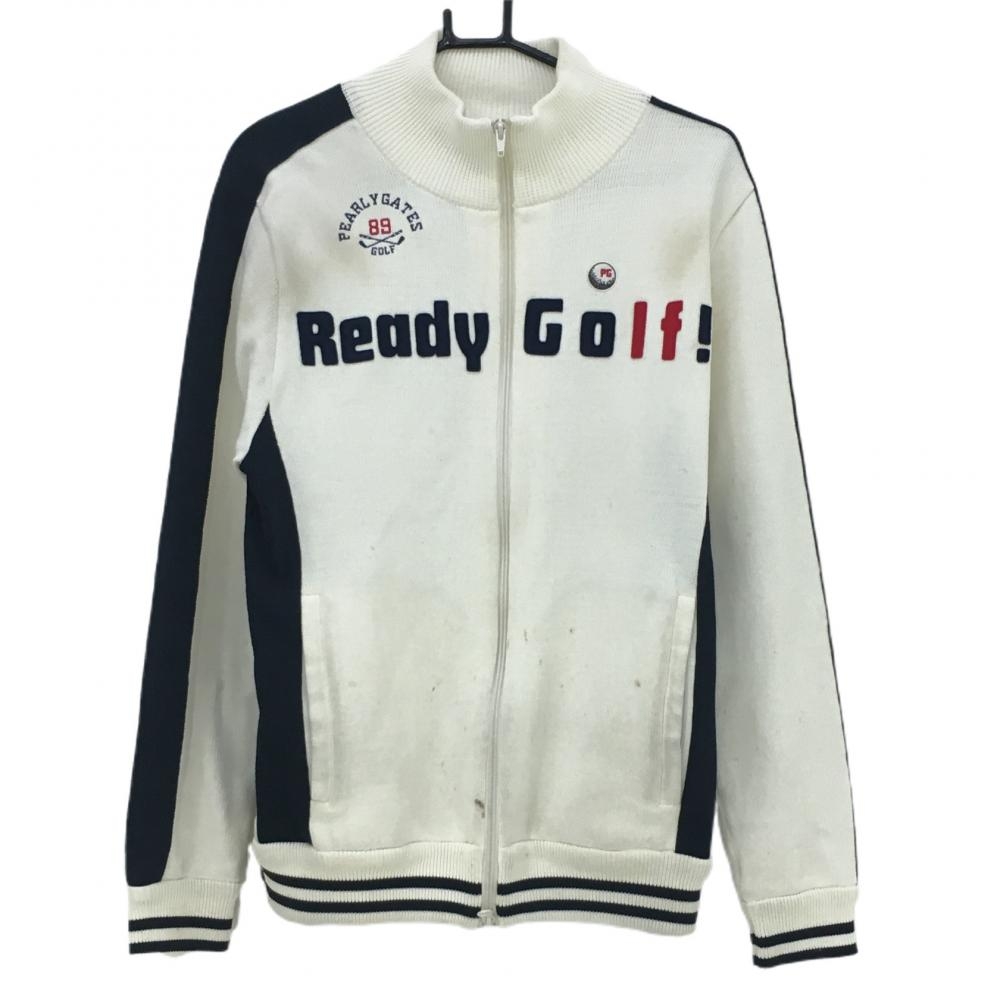 パーリーゲイツ ニットジャケット 白×ネイビー 袖ライン フェルトワッペン メンズ 5(L) ゴルフウェア PEARLY GATES 画像