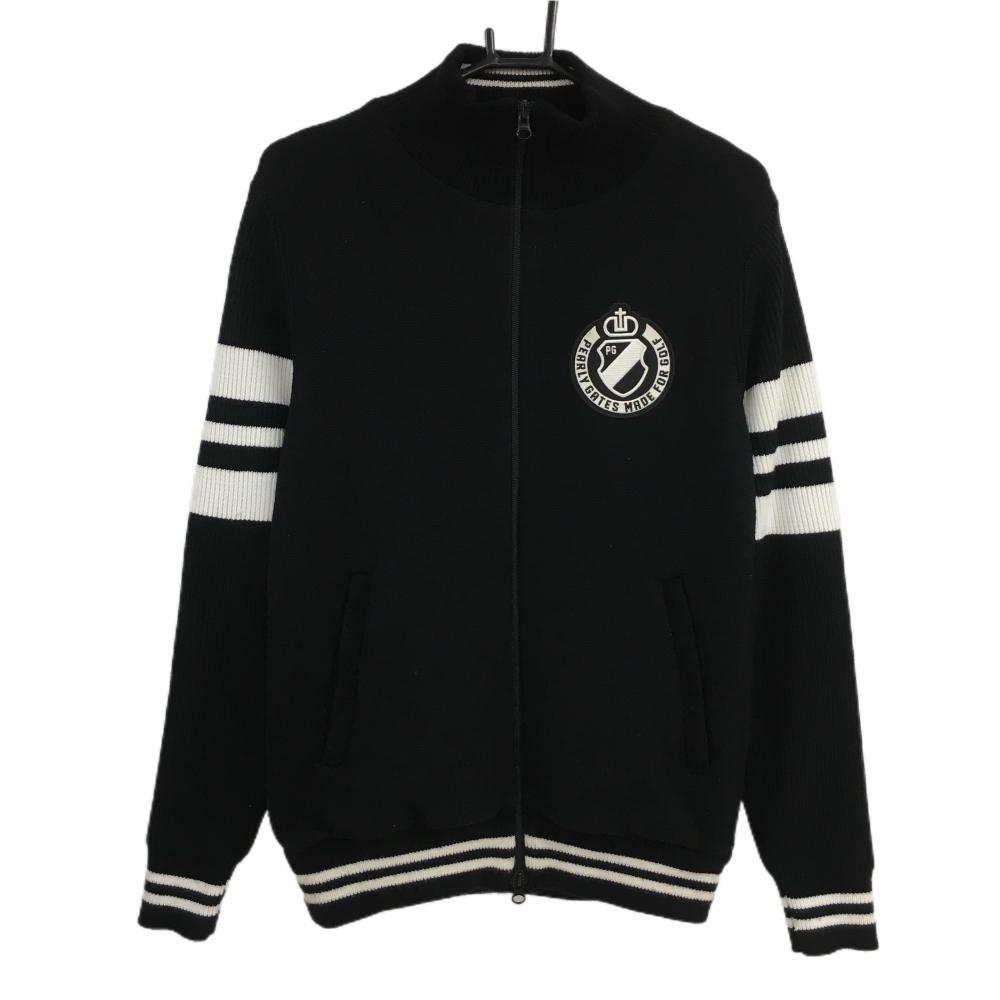 【美品】パーリーゲイツ ニットジャケット 黒×白 ウール混 袖ライン 裏地付 メンズ 4(M) ゴルフウェア PEARLY GATES