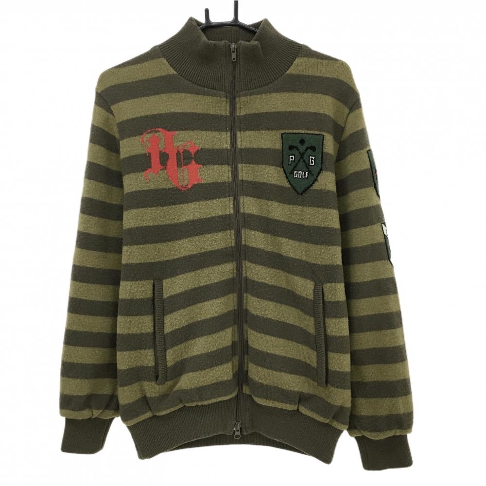 パーリーゲイツ ニットジャケット グリーン×ダークグリーン ボーダー 裏地付き ウール混 メンズ 4(M) ゴルフウェア PEARLY GATES