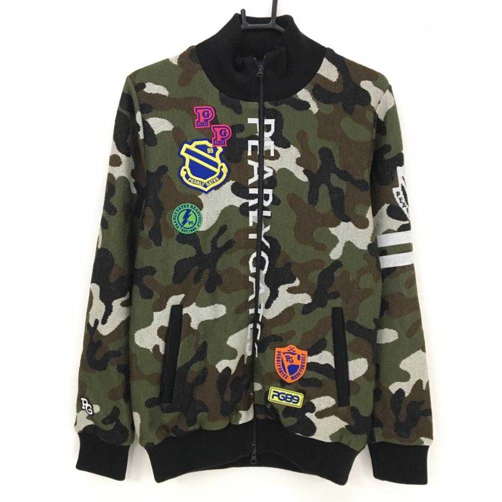 【新品】パーリーゲイツ ニットジャケット カーキ×黒 カモフラ柄 迷彩 裏地付 ウール混 メンズ 4(M) ゴルフウェア PEARLY GATES