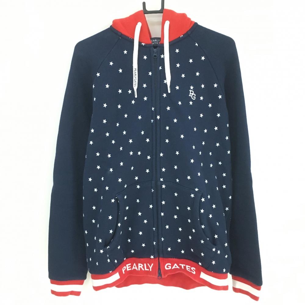 パーリーゲイツ ジップパーカー ネイビー×レッド 身頃星柄 裏起毛 ブルゾン メンズ 6(XL) ゴルフウェア PEARLY GATES