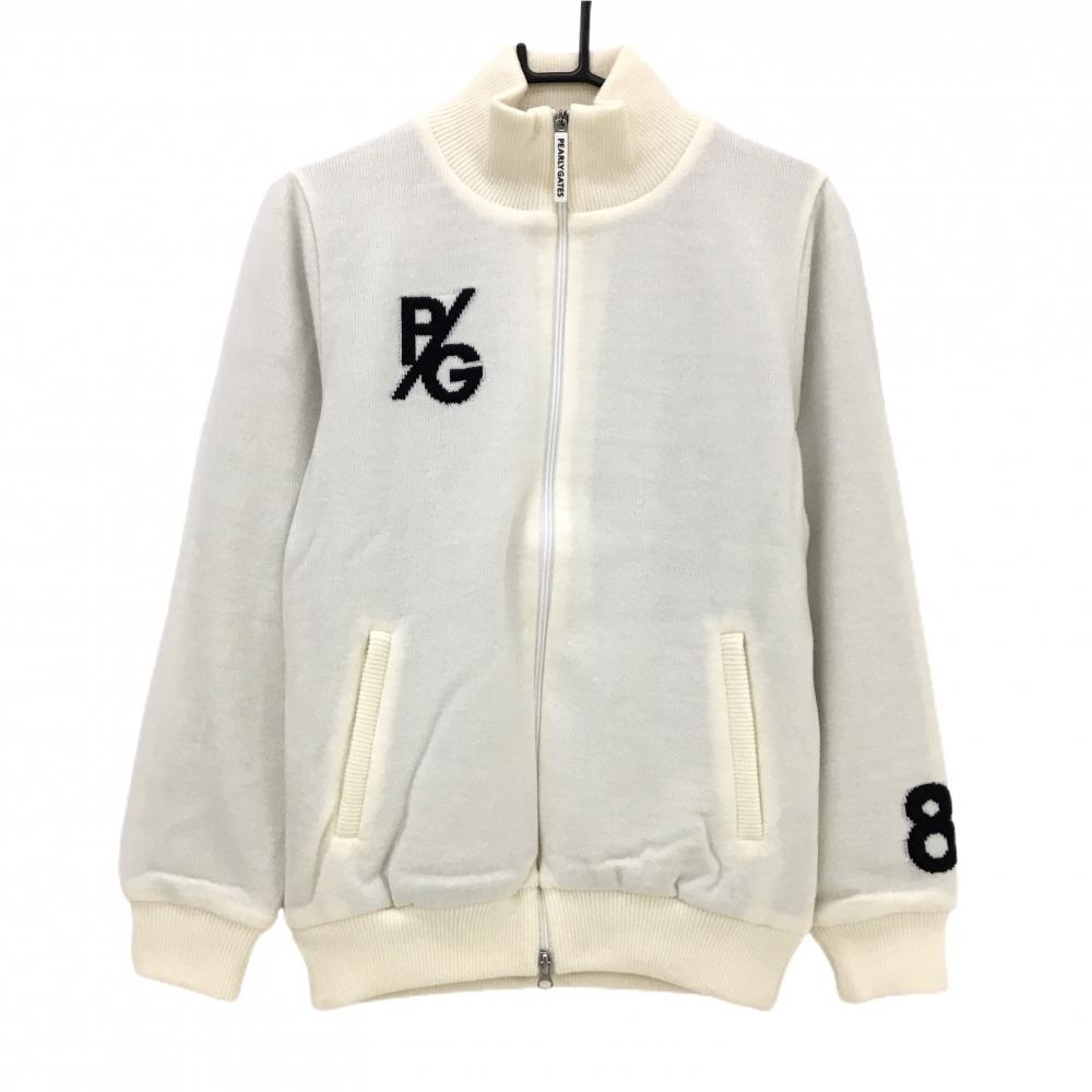 【新品】パーリーゲイツ ニットジャケット 白系×黒 裏地英字総柄 ウール混 ブルゾン メンズ 5(L) ゴルフウェア PEARLY GATES