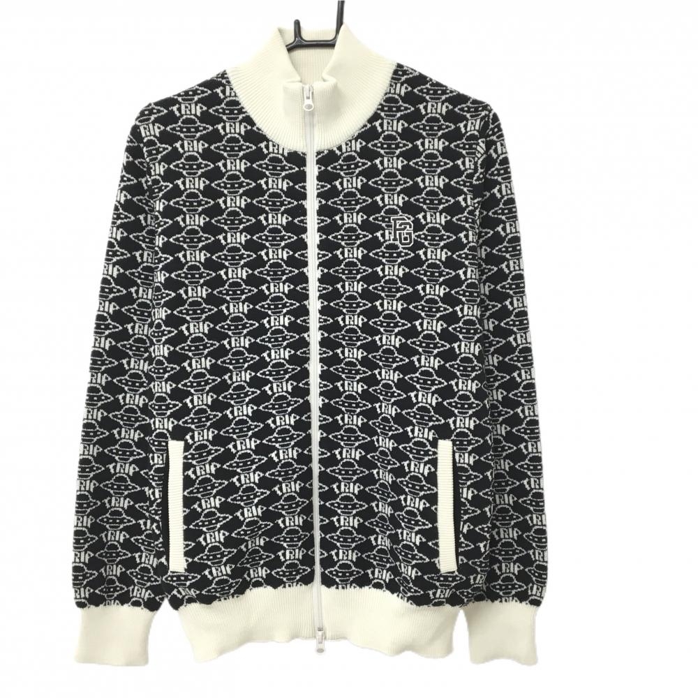 【美品】パーリーゲイツ ニットジャケット 黒×白系 総柄 ダブルジップ ウール混 メンズ 5(L) ゴルフウェア PEARLY GATES