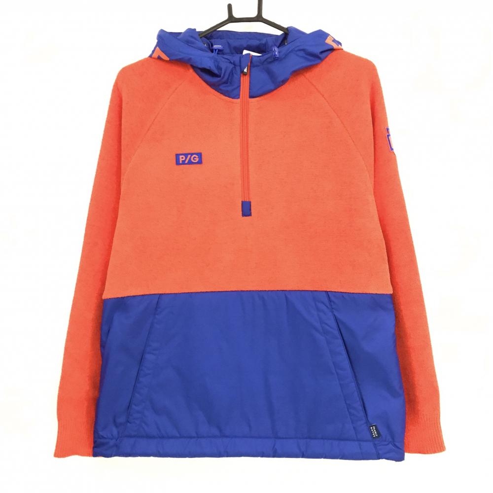 【新品】パーリーゲイツ フード付ブルゾン レッド×ブルー 異素材切替 ハーフジップ パーカー メンズ 5(L) ゴルフウェア PEARLY GATES