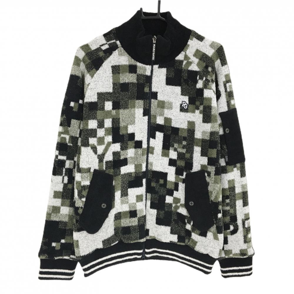 【新品】パーリーゲイツ ニットジャケット 白×黒×グリーン系 総柄 起毛 裏地柄 メンズ 6(XL) ゴルフウェア 2024年モデル PEARLY GATES