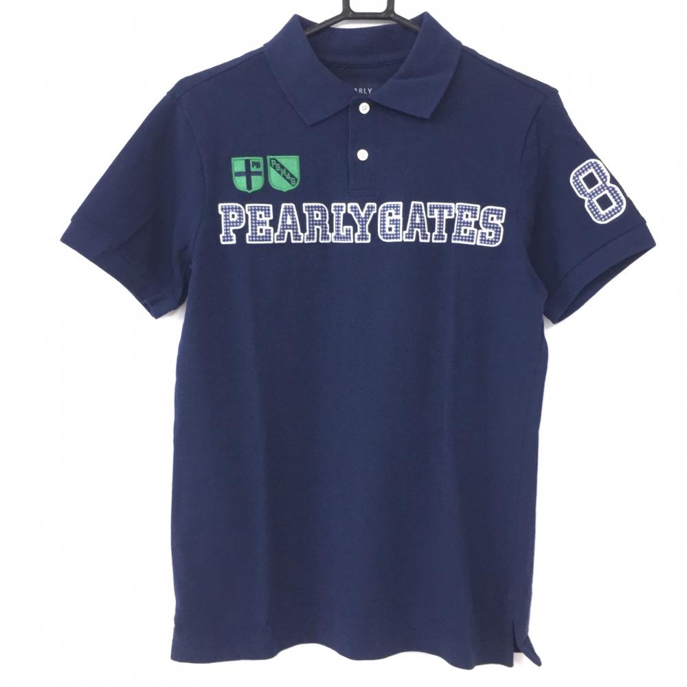 【新品】PEARLY GATES パーリーゲイツ 半袖ポロシャツ ネイビー×グリーン ロゴワッペン千鳥格子 メンズ 4(M) ゴルフウェア