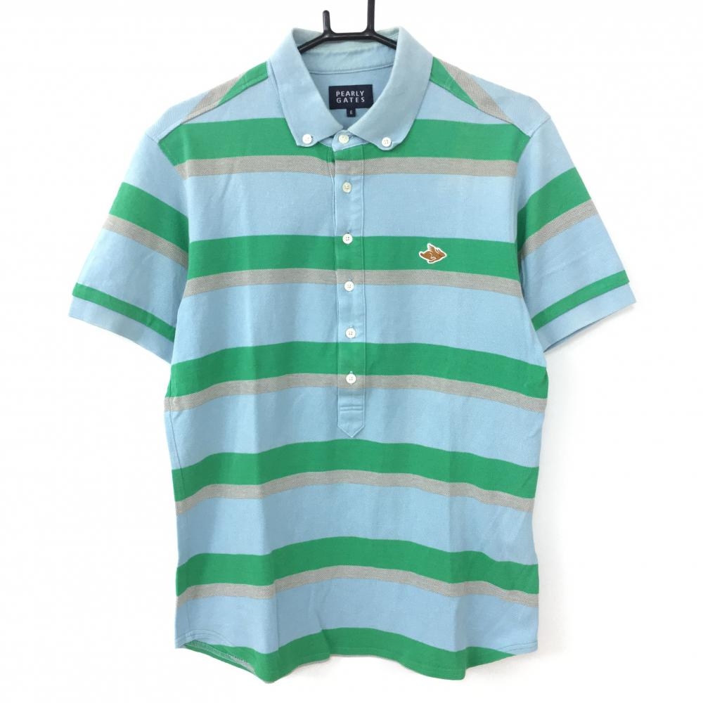 PEARLY GATES パーリーゲイツ 半袖ポロシャツ ライトブルー×グリーン ボーダー ボタンダウン  メンズ 6(XL) ゴルフウェア