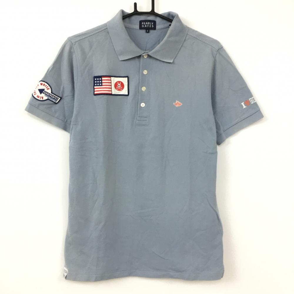 パーリーゲイツ 半袖ポロシャツ ブルーグレー×ピンク 星条旗ワッペン  メンズ 6(XL) ゴルフウェア PEARLY GATES