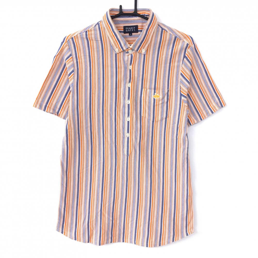 パーリーゲイツ 半袖ポロシャツ オレンジ×ネイビー ストライプ ボタンダウン コットン100％  メンズ 6(XL) ゴルフウェア PEARLY GATES