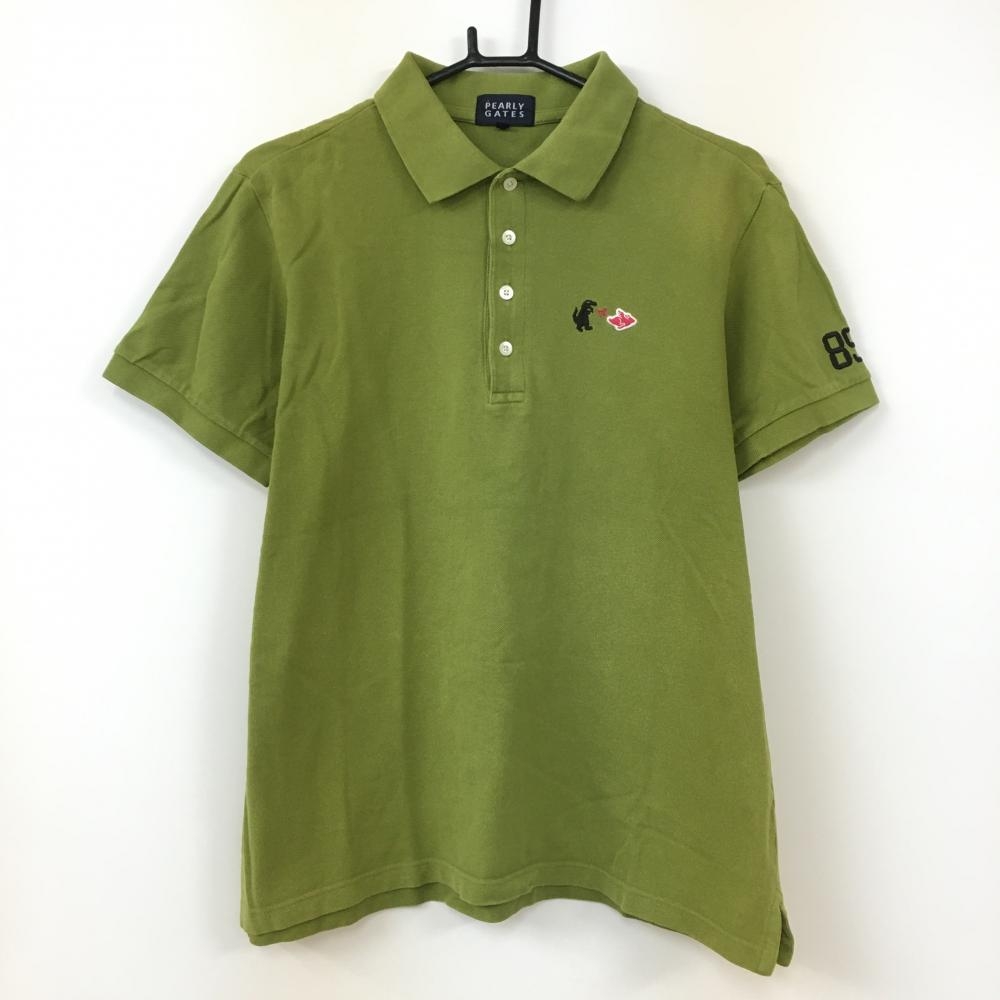 パーリーゲイツ 半袖ポロシャツ グリーン×黒 恐竜刺しゅう メンズ 5(L) ゴルフウェア PEARLY GATES
