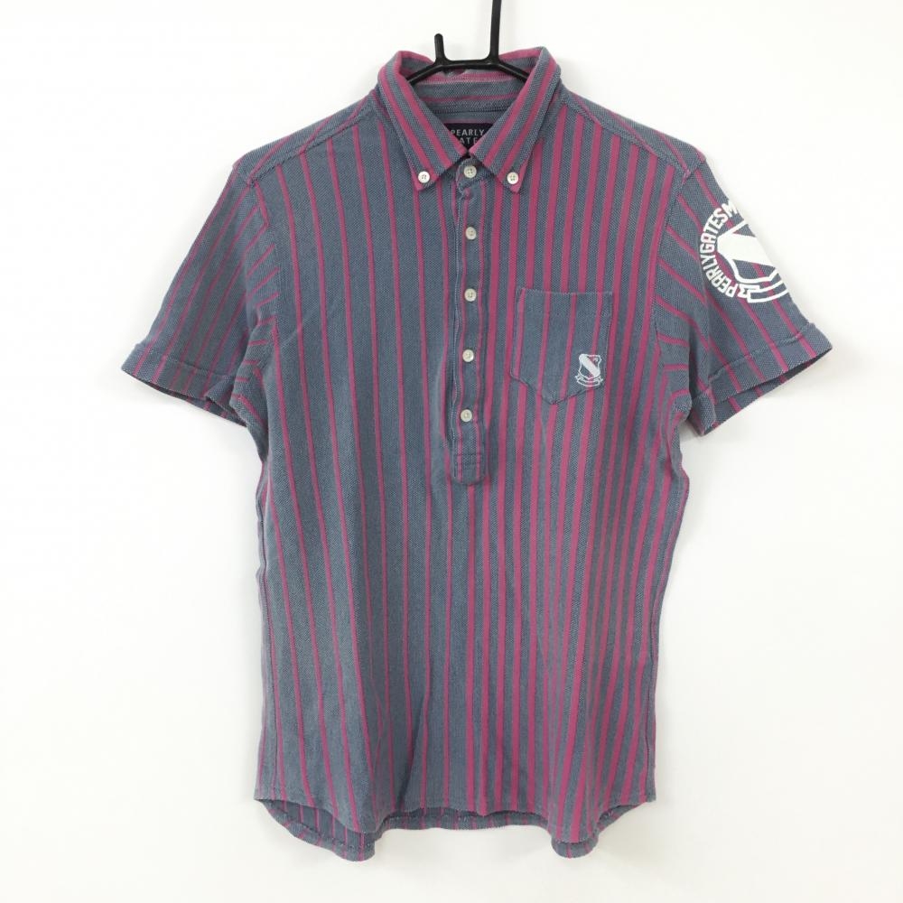 パーリーゲイツ 半袖ポロシャツ ネイビー×ピンク ストライプ ボタンダウン 胸ポケット  メンズ 5(L) ゴルフウェア PEARLY GATES